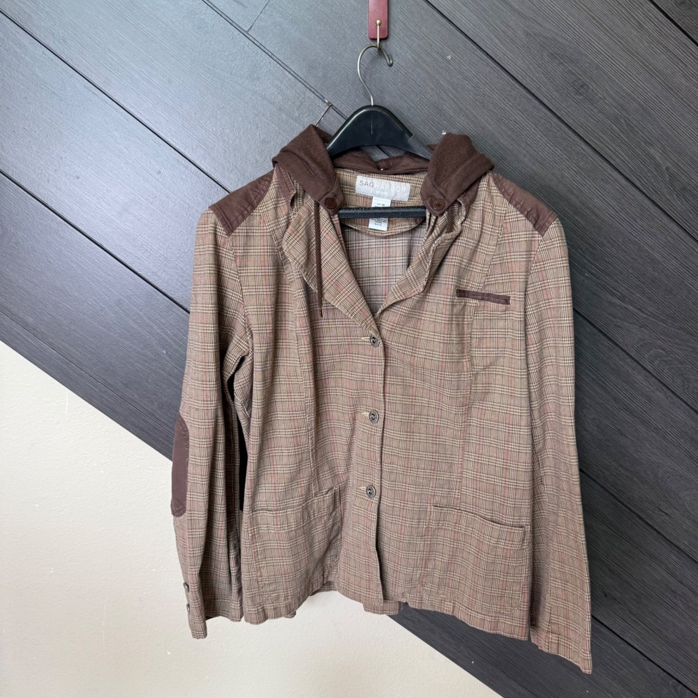 Sag Harbor Sport Women's Plaid Hooded Jacket Detachable Hood Size 18 Brown Y2K